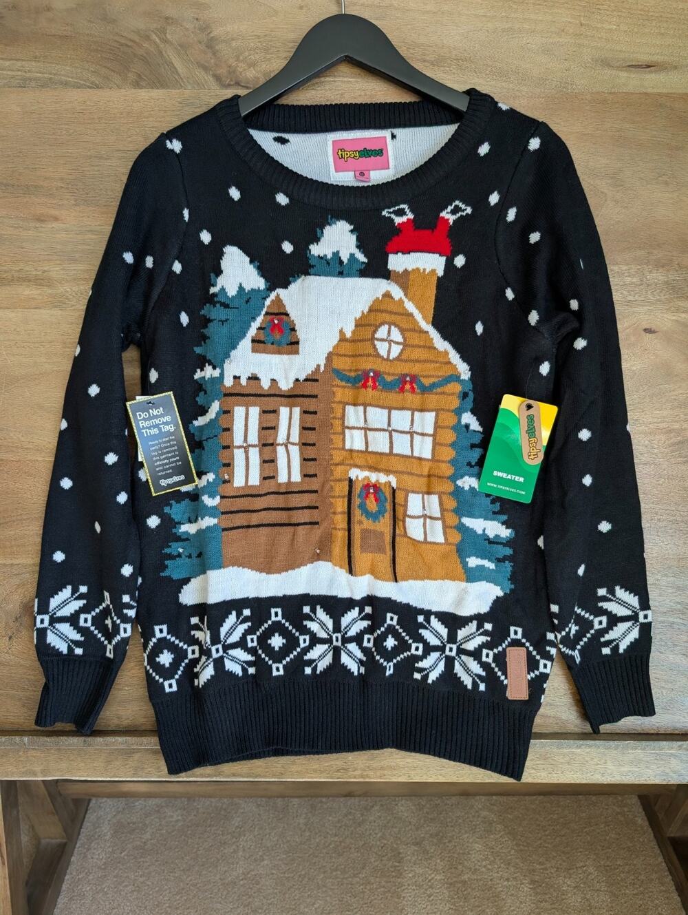 Tipsy Elves Christmas Sweater Womens XS Multi Stuck Santa Graphic Round Neck NWT